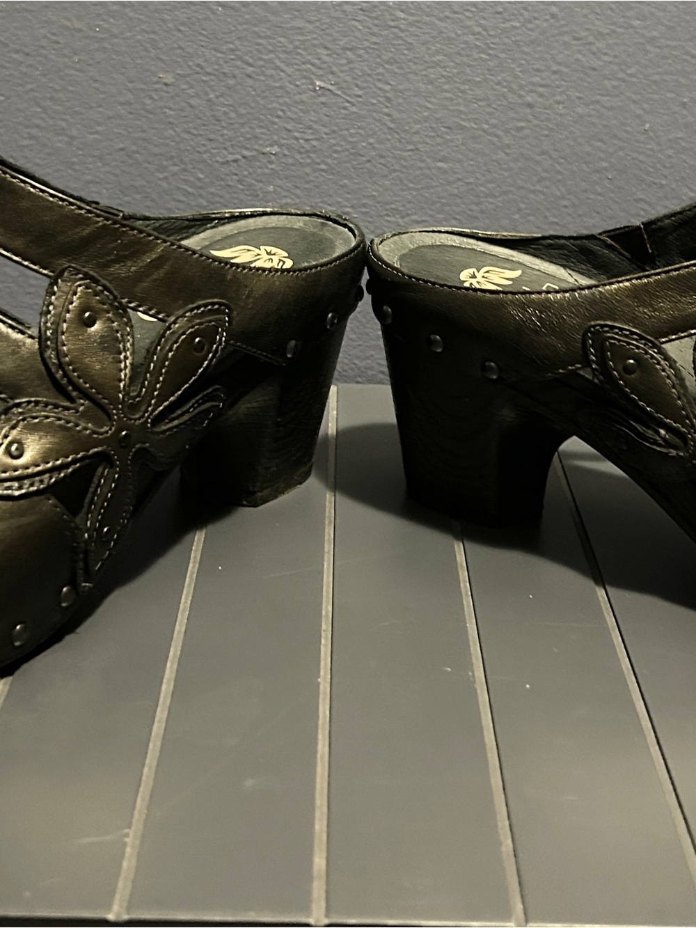 Dansko Genuine Leather Upper Black Floral Appliqué Clog Heels - Picture 3 of 6